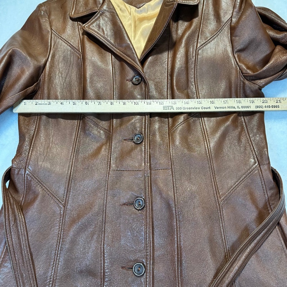 Garfin Leathers Trench Coat Womens 18 Brown Vintage 70s Boho Leather Jacket - Picture 9 of 15